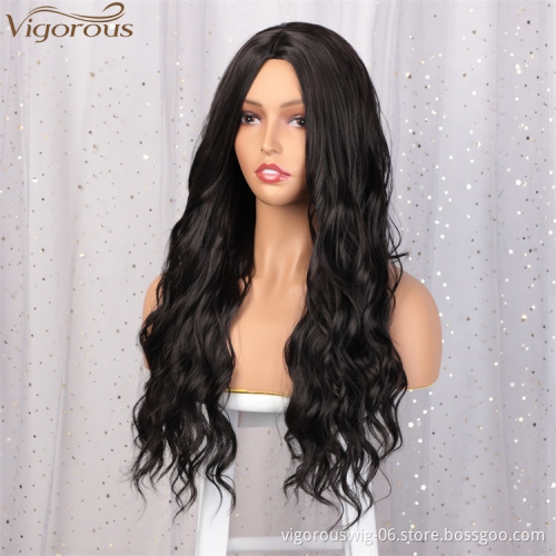 Vigorous Daily Use Women hair Long Wavy Middle Part Synthetic Black For Black Women Heat Resistant Fiber Wigs Wholesale